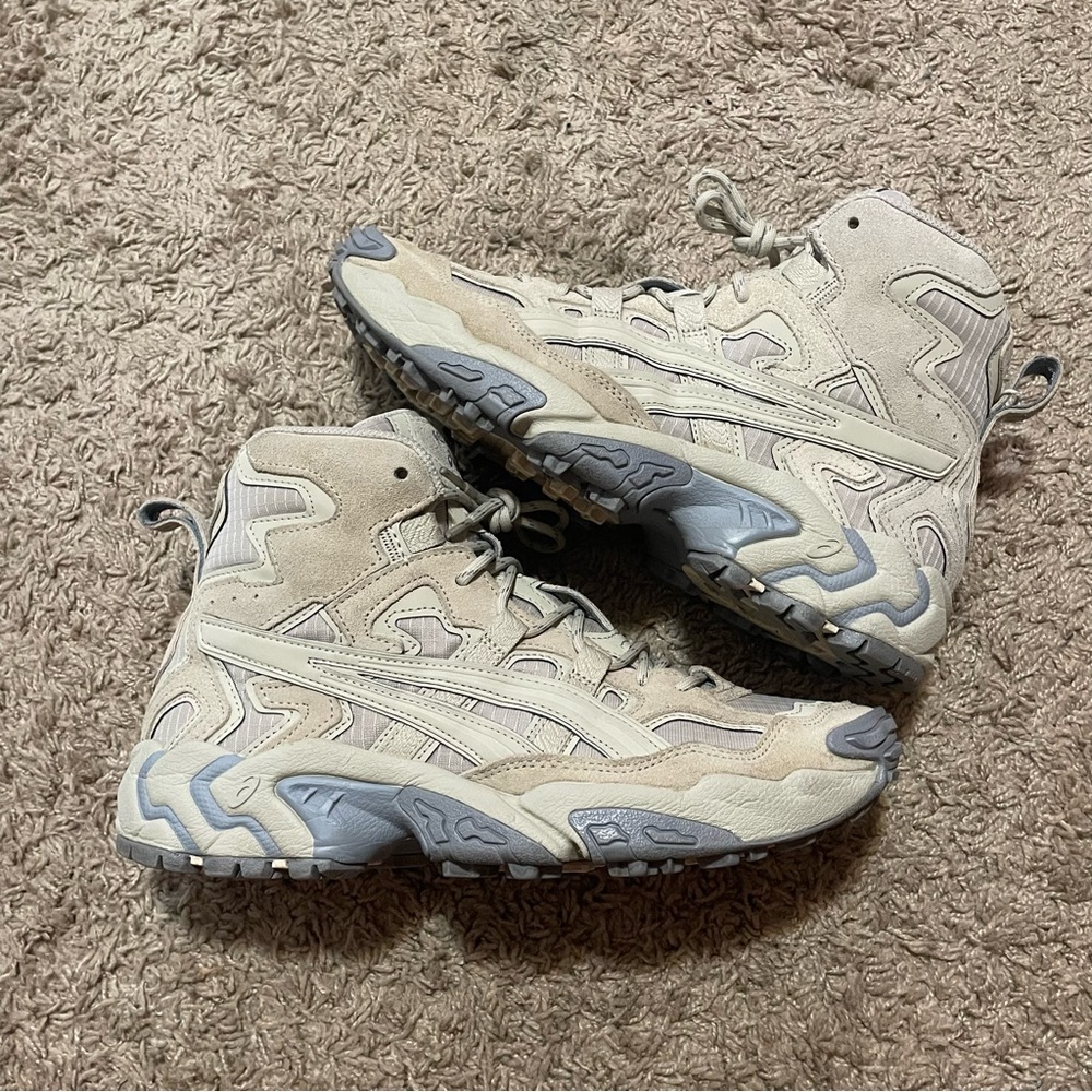Asics Beige and Light Gray High-Top Trail Sneakers